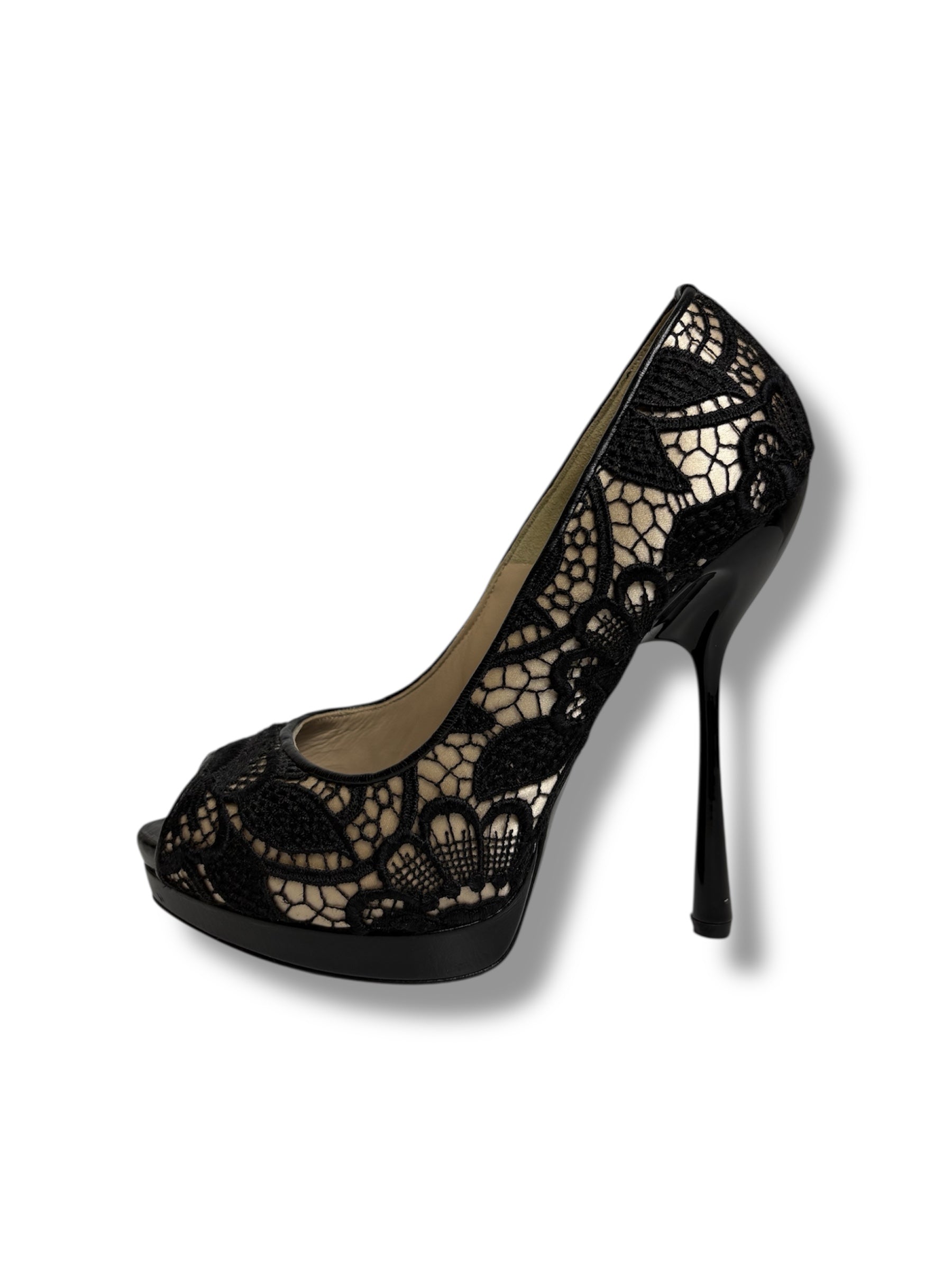 Alexander McQueen Lace Peep Toe Platform Pumps - Size 37 - Very Good Condition