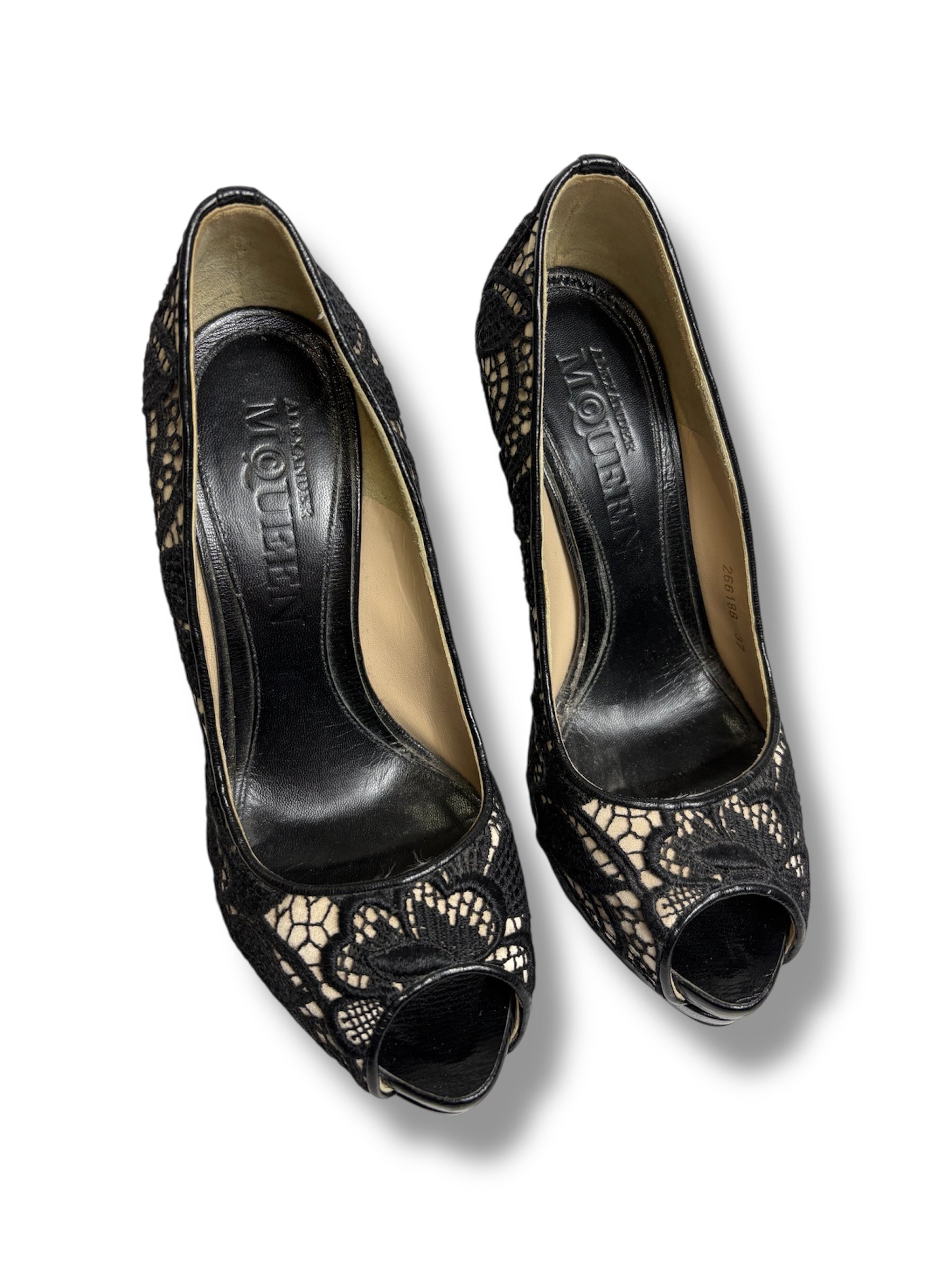 Alexander McQueen Lace Peep Toe Platform Pumps - Size 37 - Very Good Condition
