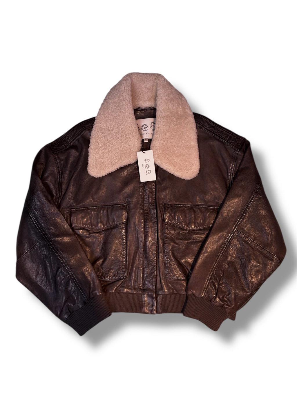 Sea NY Shearling Trimmed Leather Bomber Jacket - Size XL - Brand New With Tags